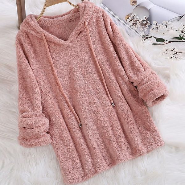 

women long sleeve plush hoodies lady autumn winter warm solid fluffy hoody flannel pullover pajama loose hooded sweatshirts 220815, Black