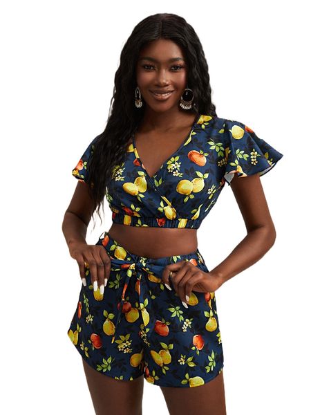 x yin creative studio fruit & floral print butterfly sleeve crop & belted shorts 65nt#, White
x yin creative studio fruit & floral print butterfly sleeve crop & belted shorts 65nt#, White