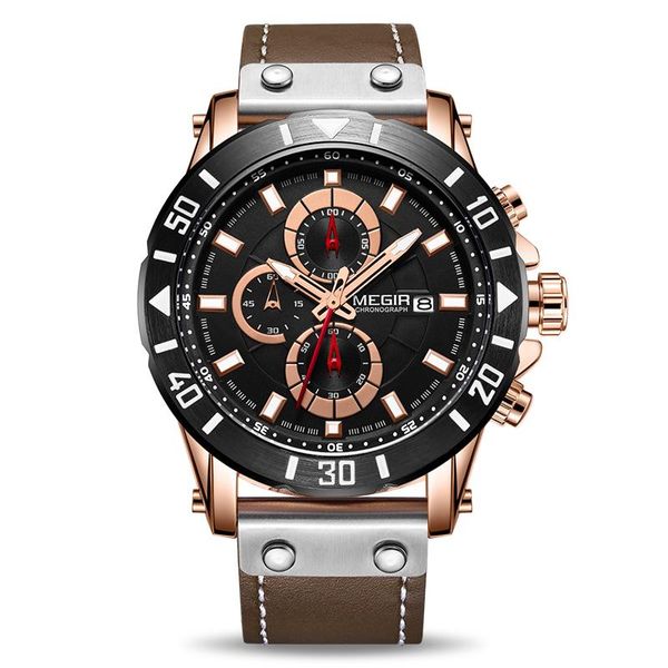 

megir chronograph sport mens watches brand luxury leather quartz watch men clock wristwatches relogio masculino reloj hombre, Slivery;brown