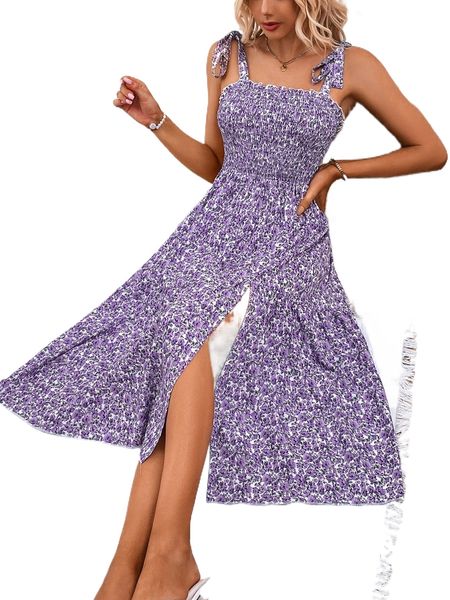 ditsy floral print shirred split thigh cami dress y26j#, Black;gray