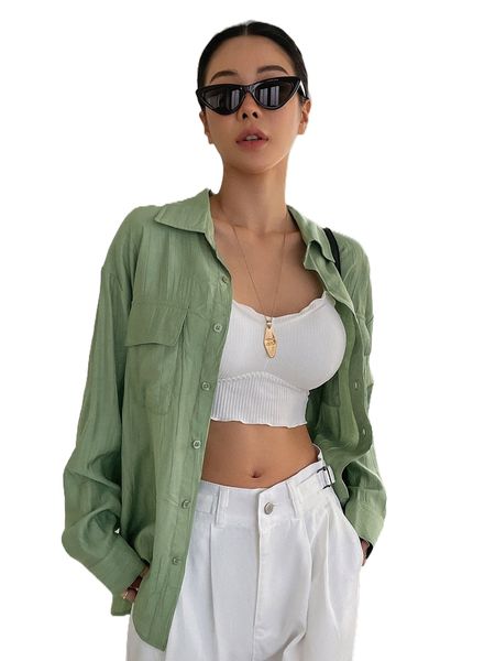 dazy flap pocket button front blouse l54p#, White
