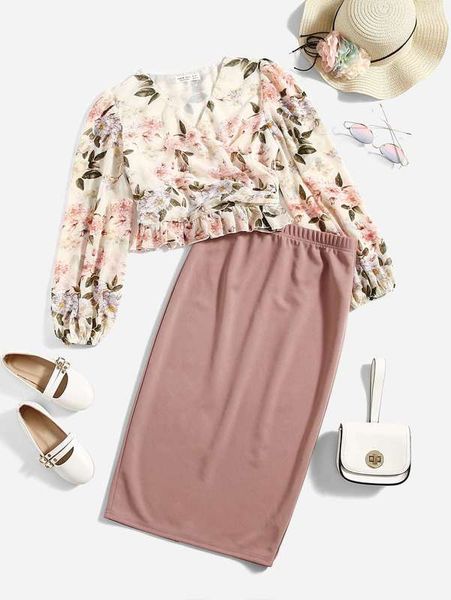 teen girls floral print peplum & split back skirt she, White