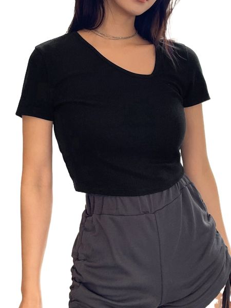 dazy solid asymmetrical neck tee c22x#, White