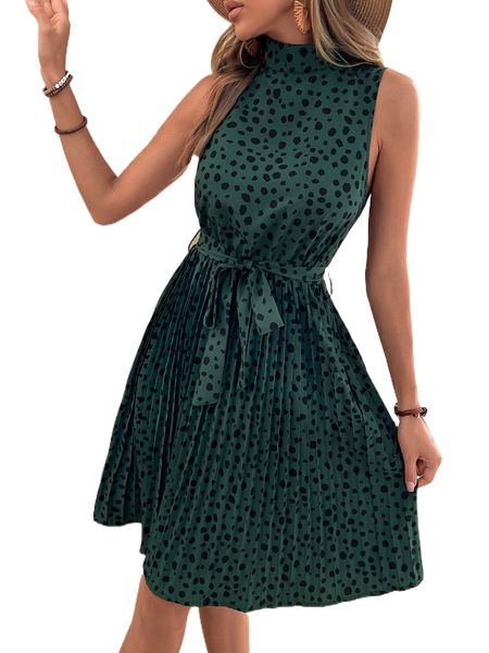 allover print pleated belted key hole back dress 41uw#, Black;gray