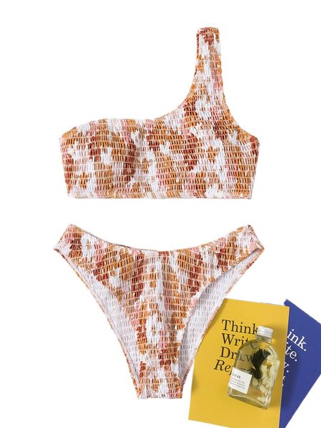floral smocked bikini swimsuit n1wd#, White;black