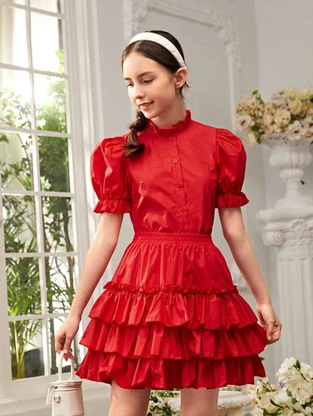 teen girls solid puff sleeve blouse & layered hem skirt she, White