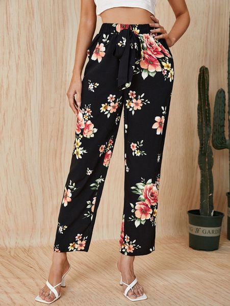floral print belted pants 18a2#, Black;white