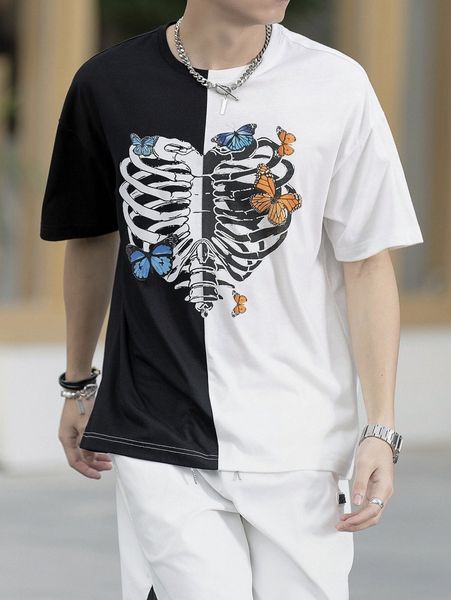 men skeleton & butterfly print drop shoulder tee c7fg#, White;black 
men skeleton & butterfly print drop shoulder tee c7fg#, White;black