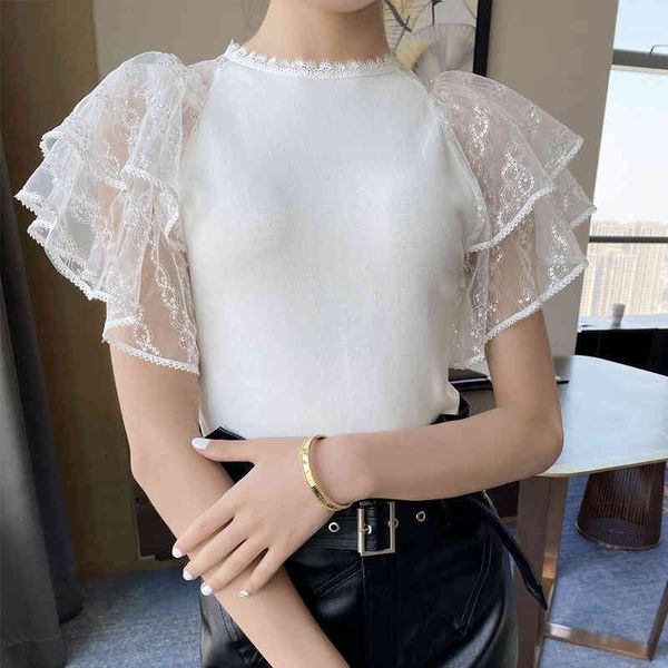 women's sweaters lace shoulder stitching sweater solid color ice summer thin short sleeve slim women's product uoi6, White;black
women's sweaters lace shoulder stitching sweater solid color ice summer thin short sleeve slim women's product uoi6, White;black