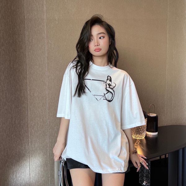 print short sleeve t-shirt round neck loose women 2022 new sml, White 
print short sleeve t-shirt round neck loose women 2022 new sml, White