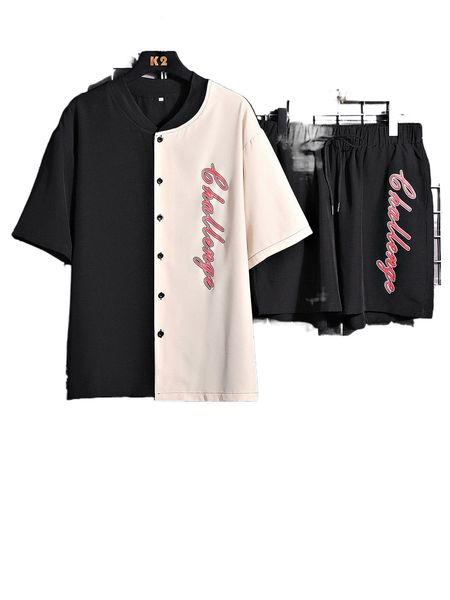 men letter graphic colorblock drop shoulder shirt & drawstring waist shorts j8cu#, Gray
men letter graphic colorblock drop shoulder shirt & drawstring waist shorts j8cu#, Gray