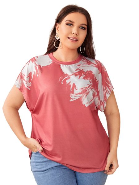 plus floral print batwing sleeve tee u1rw#, Black