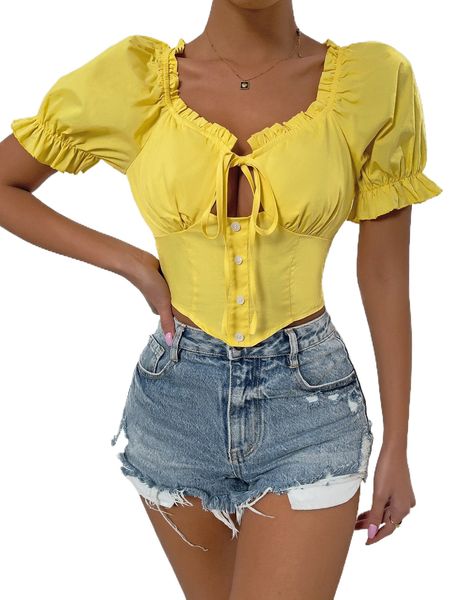 puff sleeve knotted asymmetrical hem z2jg#, White