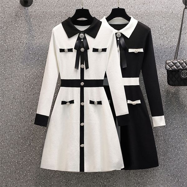 small fragrance fall winter knitted sweater women bow tie buttons vintage party mini dress elegant casual chic robe femme 220718, Black;gray
small fragrance fall winter knitted sweater women bow tie buttons vintage party mini dress elegant casual chic robe femme 220718, Black;gray