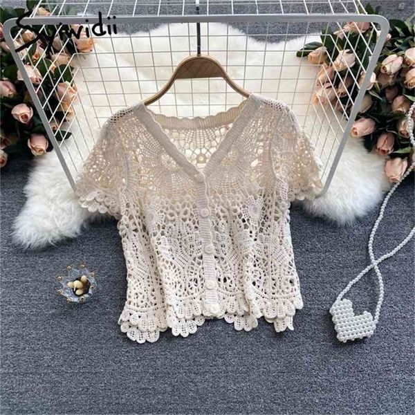 knitting blouses womens summer korean vintage hook flower hollow out button up v neck short sleeve shirt white 210607
knitting blouses womens summer korean vintage hook flower hollow out button up v neck short sleeve shirt white 210607