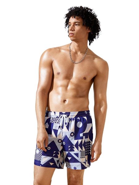 men geo print drawstring waist shorts 89ln#, White;black
