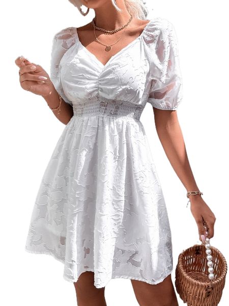 jacquard puff sleeve shirred waist dress k26r#, Black;gray 
jacquard puff sleeve shirred waist dress k26r#, Black;gray