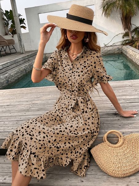 allover print ruffle hem belted shirt dress h6wa#, Black;gray 
allover print ruffle hem belted shirt dress h6wa#, Black;gray