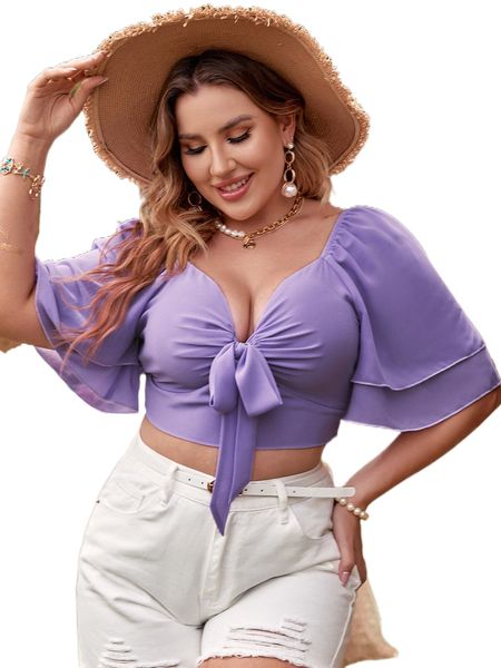 plus layered sleeve shirred back knot front crop blouse d375#, Black
plus layered sleeve shirred back knot front crop blouse d375#, Black