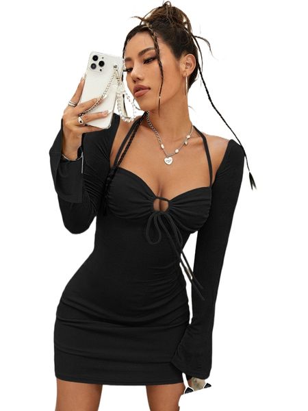 drawstring front halter neck trumpet sleeve bodycon dress a539#, Black;gray
drawstring front halter neck trumpet sleeve bodycon dress a539#, Black;gray