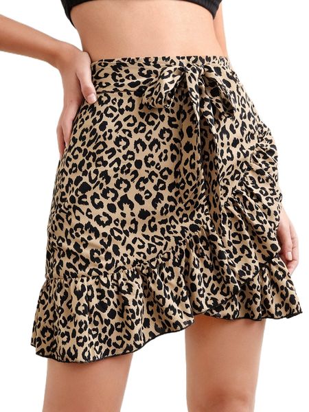 high waist leopard print knot front wrap ruffle hem skirt u34b#, Black
high waist leopard print knot front wrap ruffle hem skirt u34b#, Black