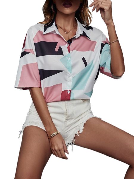 geo print drop shoulder blouse 62nk#, White 
geo print drop shoulder blouse 62nk#, White