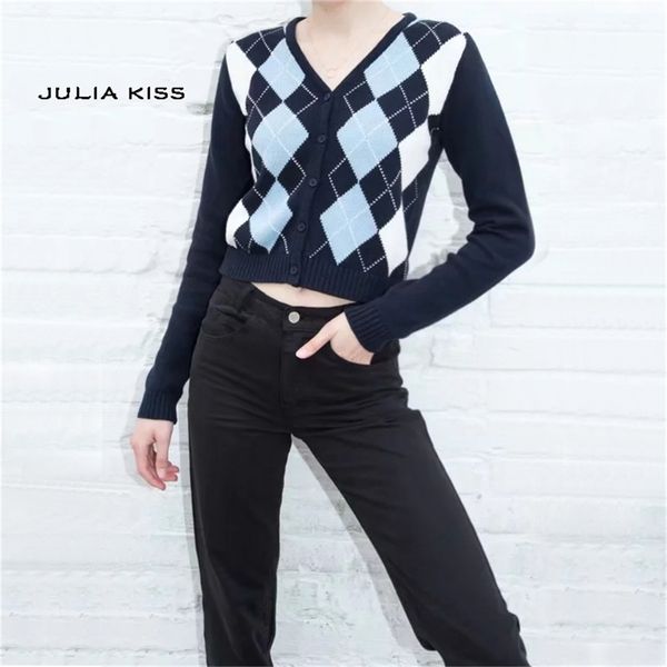 women v neck knit cardigan in navy blue with light blue and white argyle print on the front lj200818, White;black
women v neck knit cardigan in navy blue with light blue and white argyle print on the front lj200818, White;black