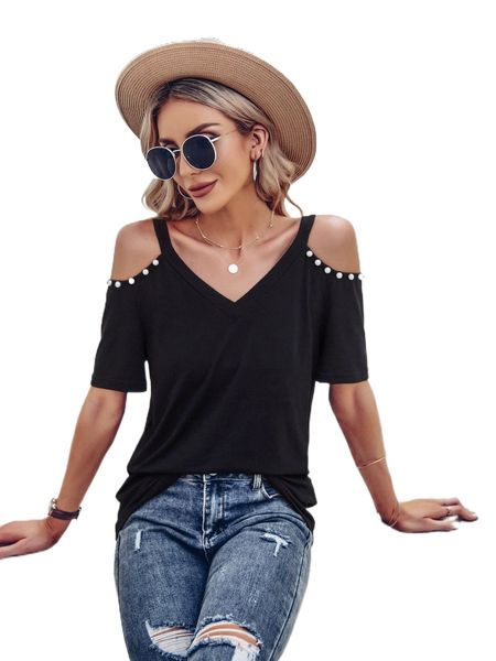 cold shoulder pearl beaded tee b0ku#, White 
cold shoulder pearl beaded tee b0ku#, White