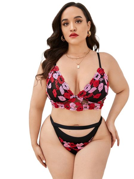 plus embroidery mesh lingerie set v1tb#, Black;white