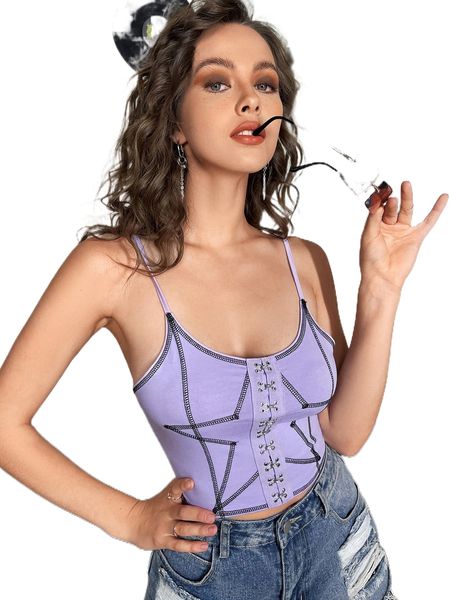 star print eye & hook crop cami f43p#, White
star print eye & hook crop cami f43p#, White