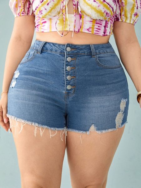plus ripped raw hem denim shorts n3uc#, White;black