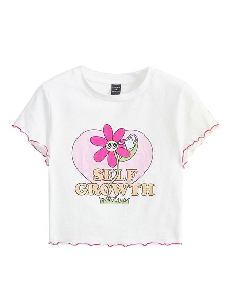 x savedasclo slogan & floral print lettuce trim tee a5pz#, White