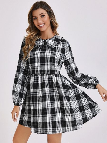 plaid print peter pan collar dress 48nk#, Black;gray
