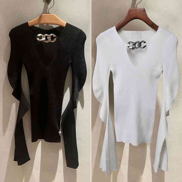 women's knits tees spring and autumn king neckline chain decoration slim fit pure color knitwear long sleeve women's fashion, White
women's knits tees spring and autumn king neckline chain decoration slim fit pure color knitwear long sleeve women's fashion, White