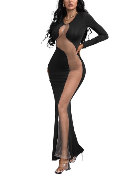 sxy contrast mesh mermaid hem bodycon dress a3hg#, Black;gray