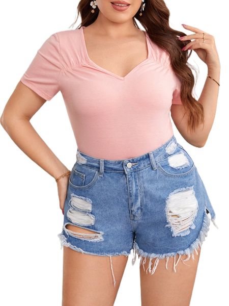 plus sweetheart neck ruched tee n3tm#, Black