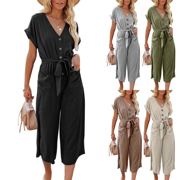 womens summer short sleeve v neck wrap jumpsuits waist tie knot 7 pants rompers with pockets, Black;white
womens summer short sleeve v neck wrap jumpsuits waist tie knot 7 pants rompers with pockets, Black;white