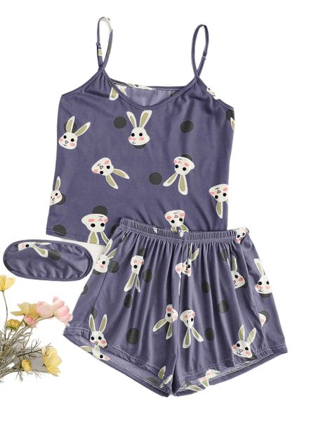 plus cartoon rabbit and polka dot cami & shorts pj set with eye cover u9p0#, Black;white
plus cartoon rabbit and polka dot cami & shorts pj set with eye cover u9p0#, Black;white