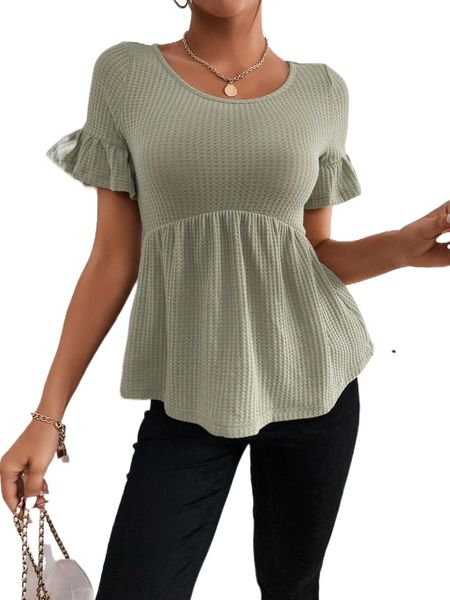 waffle knit flounce sleeve peplum tee s8tz#, White 
waffle knit flounce sleeve peplum tee s8tz#, White