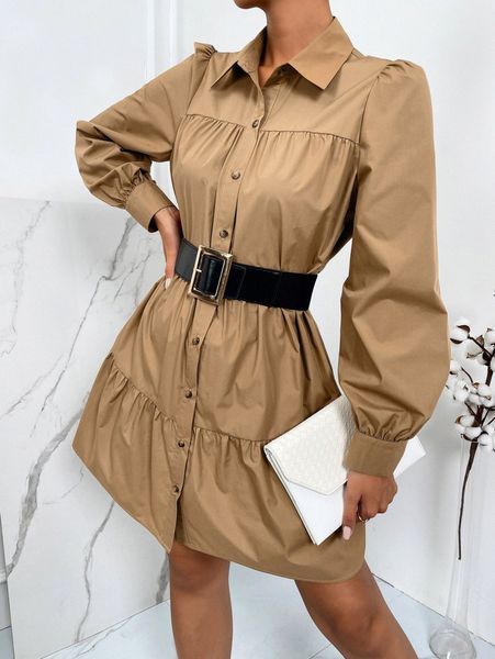 puff sleeve ruffle hem smock dress without belt h5nu#, Black;gray 
puff sleeve ruffle hem smock dress without belt h5nu#, Black;gray