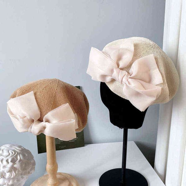 japanese style big bow autumn beret cap female women summer breathable knitted hat temperament painter hat for girl j220722, Blue;gray
japanese style big bow autumn beret cap female women summer breathable knitted hat temperament painter hat for girl j220722, Blue;gray