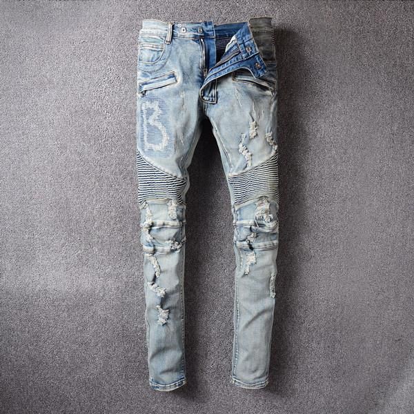 men's classic designer denim jeans shredded embroidered biker street style men's trousers, Blue
men's classic designer denim jeans shredded embroidered biker street style men's trousers, Blue
