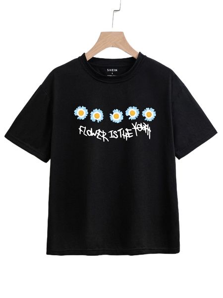 floral and slogan graphic tee a2os#, White