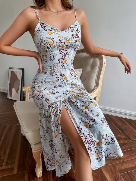 ruched bust slit ruffle hem ditsy floral dress s0vr#, Black;gray 
ruched bust slit ruffle hem ditsy floral dress s0vr#, Black;gray