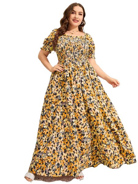 plus allover floral print shirred frill trim puff sleeve dress c3gh#, Black