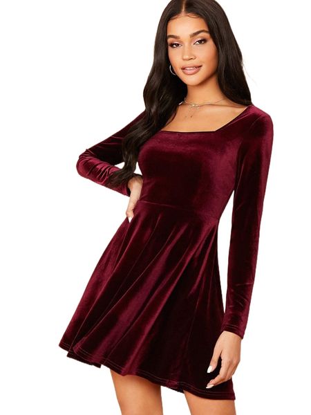 square neck flared velvet dress a96y#, Black;gray