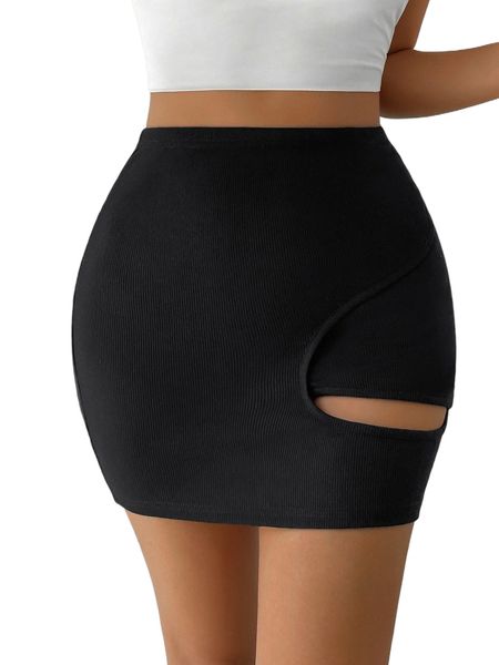 solid cut out bodycon skirt p8ix#, Black