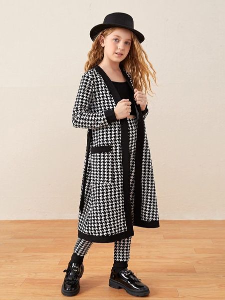 girls houndstooth dual pocket belted coat & pants she, White 
girls houndstooth dual pocket belted coat & pants she, White