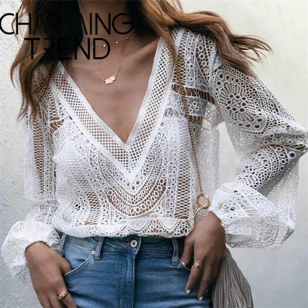 chic lace hollow women s blouse spring summer deep v long-sleeved elegant female vacation see-through white 210702
chic lace hollow women s blouse spring summer deep v long-sleeved elegant female vacation see-through white 210702