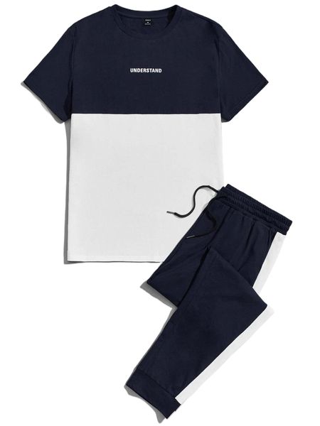 men letter graphic two tone tee & drawstring waist sweatpants x86p#, Gray 
men letter graphic two tone tee & drawstring waist sweatpants x86p#, Gray